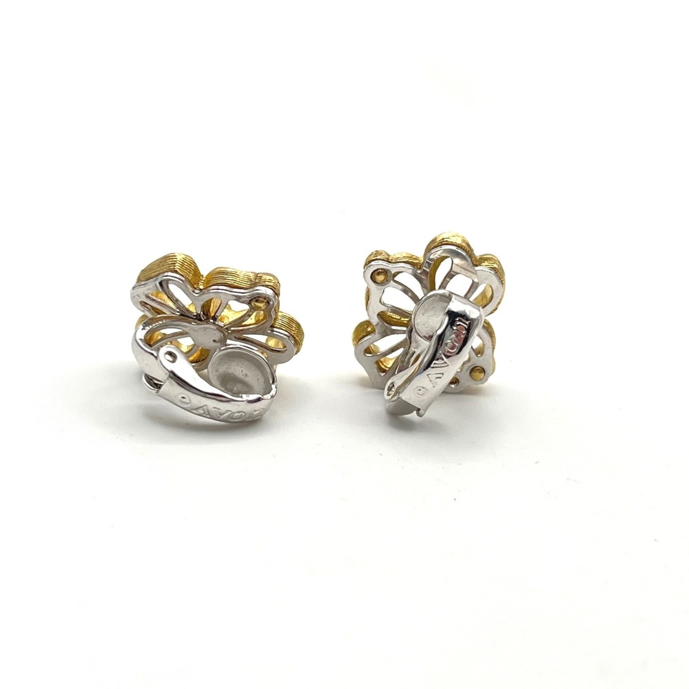 Avon Vintage Two Tone Gold Silver Floral Clip On Earrings‎ Open Petal Flower - Picture 4 of 5